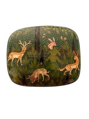 Paper Mache Lacquered Trinket Box Kashmir India Painted Forest Animals